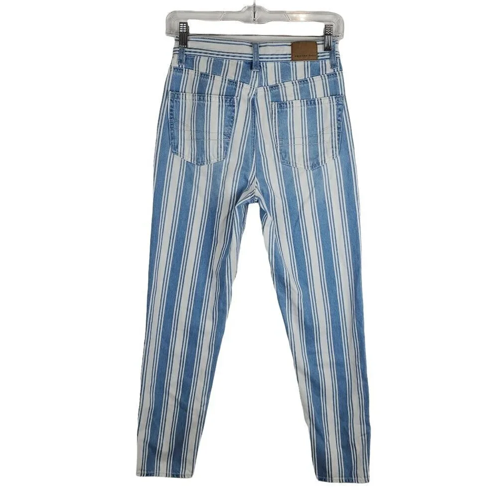 American Eagle 00 Mom Jeans High‎ Rise Blue White Striped Denim Preppy Coastal